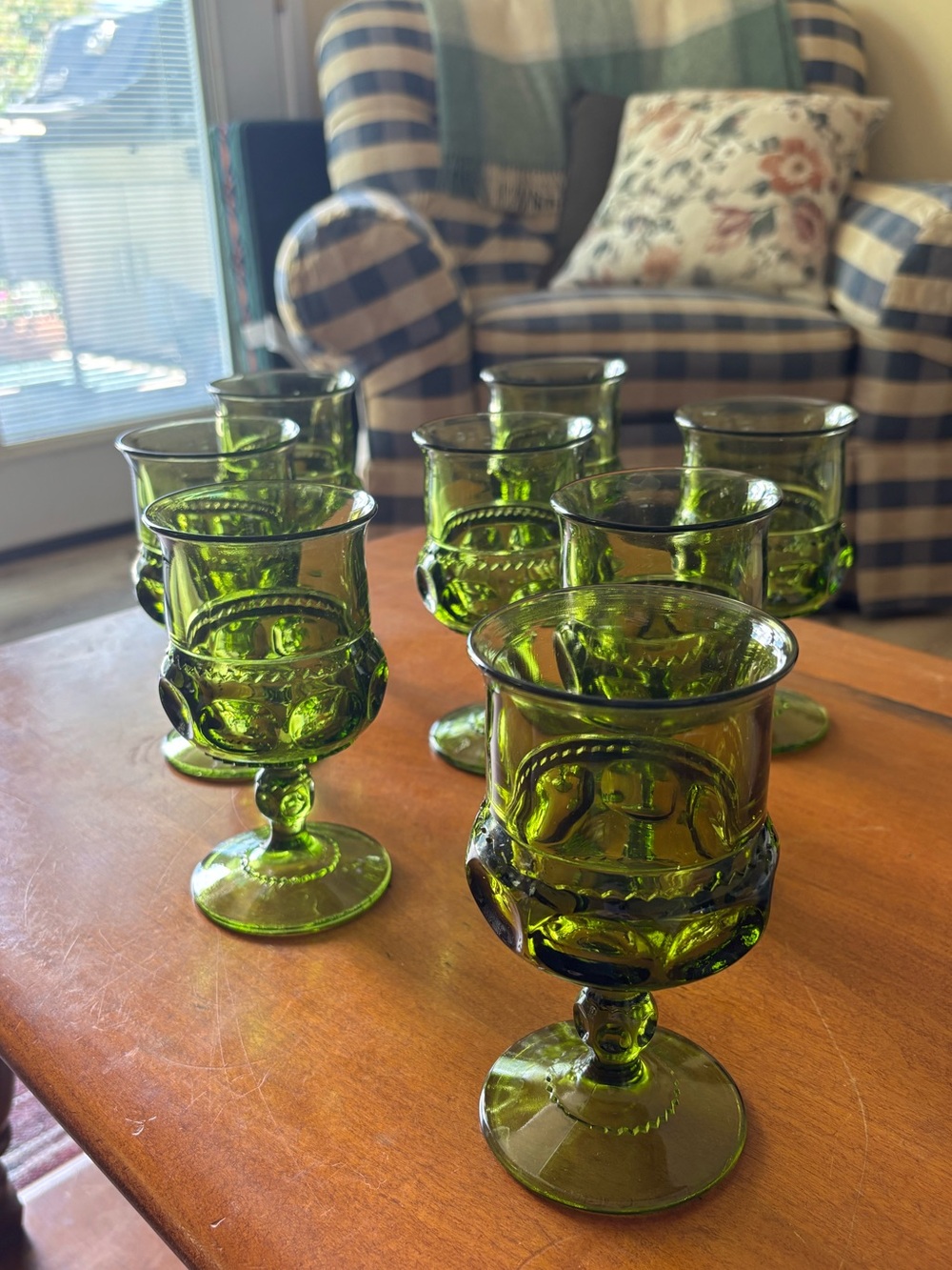 8 Vintage Indiana Glass King’s Crown Thumbprint olive green wine/water goblet
